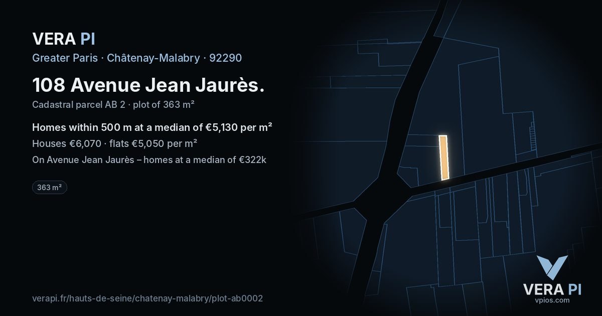 108 Avenue Jean Jaurès, Châtenay-Malabry at night – the plot lit, the parcels around coloured by the prices near them