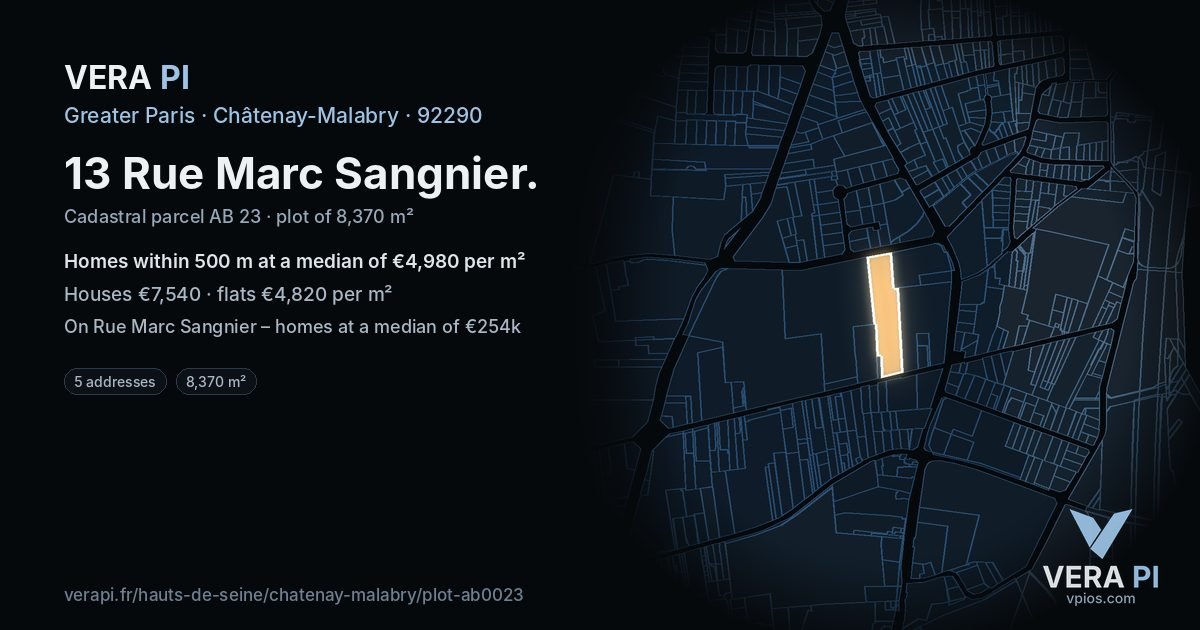 13 Rue Marc Sangnier, Châtenay-Malabry at night – the plot lit, the parcels around coloured by the prices near them