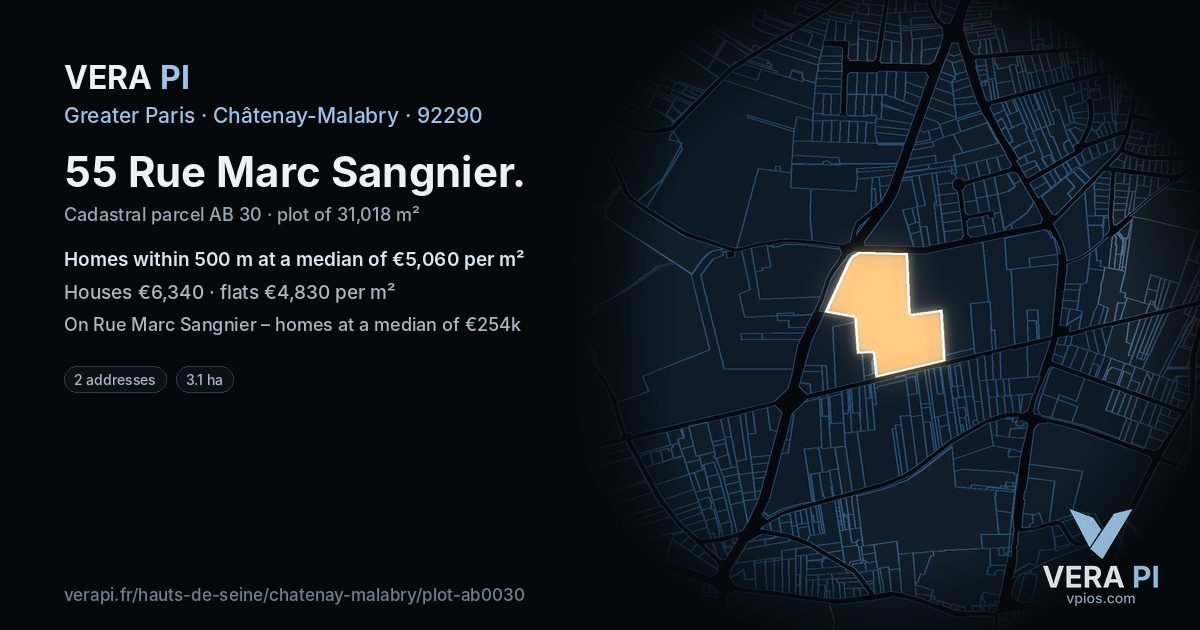 55 Rue Marc Sangnier, Châtenay-Malabry at night – the plot lit, the parcels around coloured by the prices near them