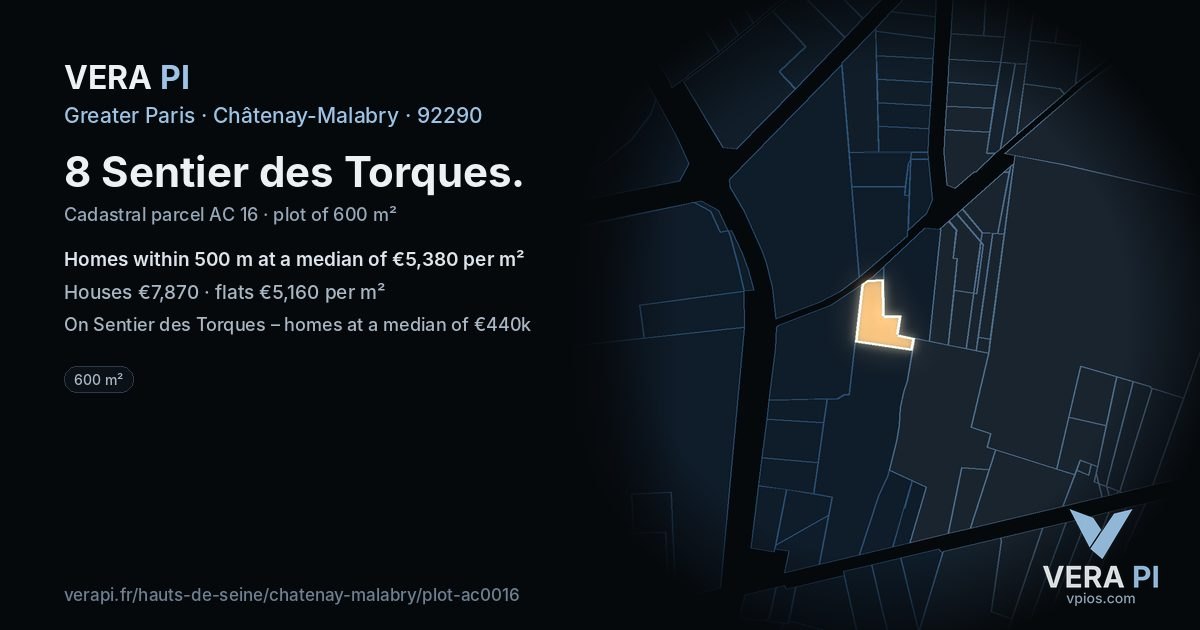 8 Sentier des Torques, Châtenay-Malabry at night – the plot lit, the parcels around coloured by the prices near them