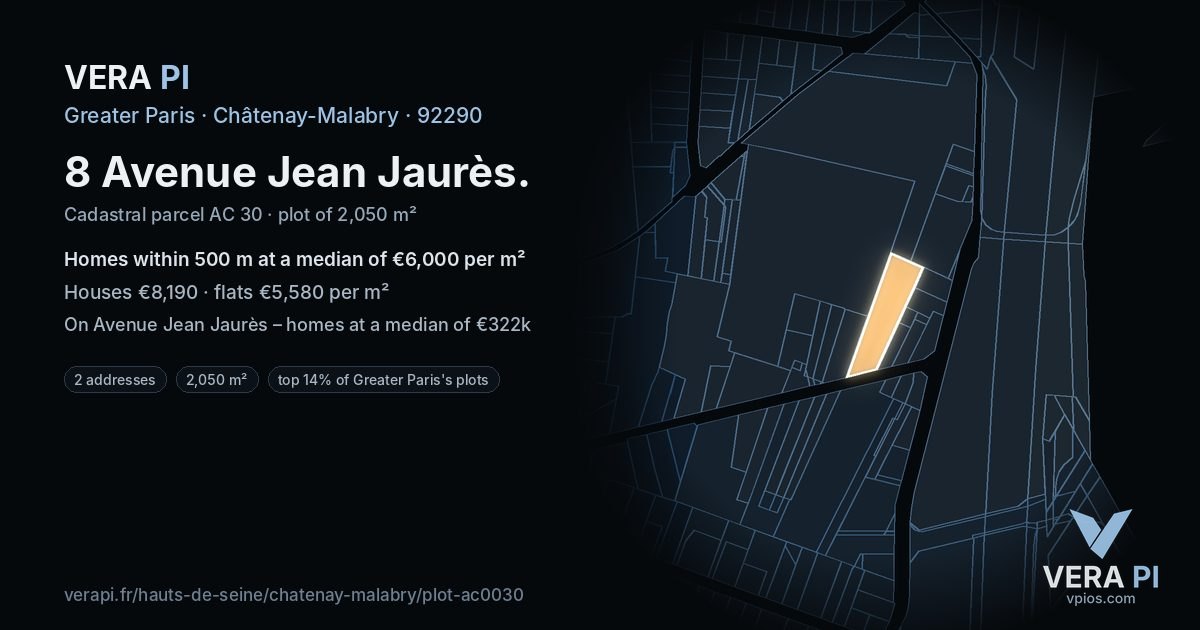 8 Avenue Jean Jaurès, Châtenay-Malabry at night – the plot lit, the parcels around coloured by the prices near them