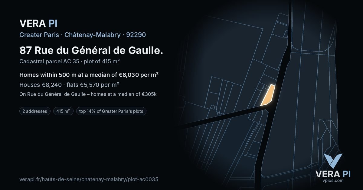 87 Rue du Général de Gaulle, Châtenay-Malabry at night – the plot lit, the parcels around coloured by the prices near them