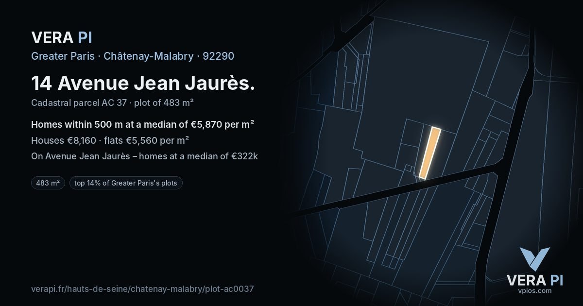 14 Avenue Jean Jaurès, Châtenay-Malabry at night – the plot lit, the parcels around coloured by the prices near them