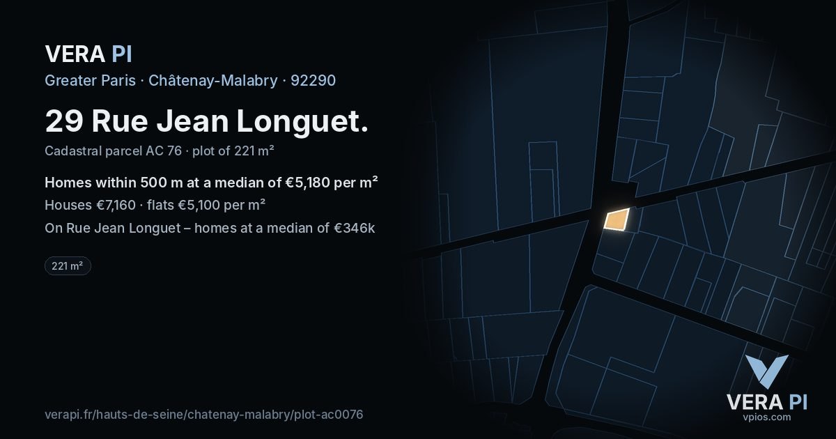 29 Rue Jean Longuet, Châtenay-Malabry at night – the plot lit, the parcels around coloured by the prices near them