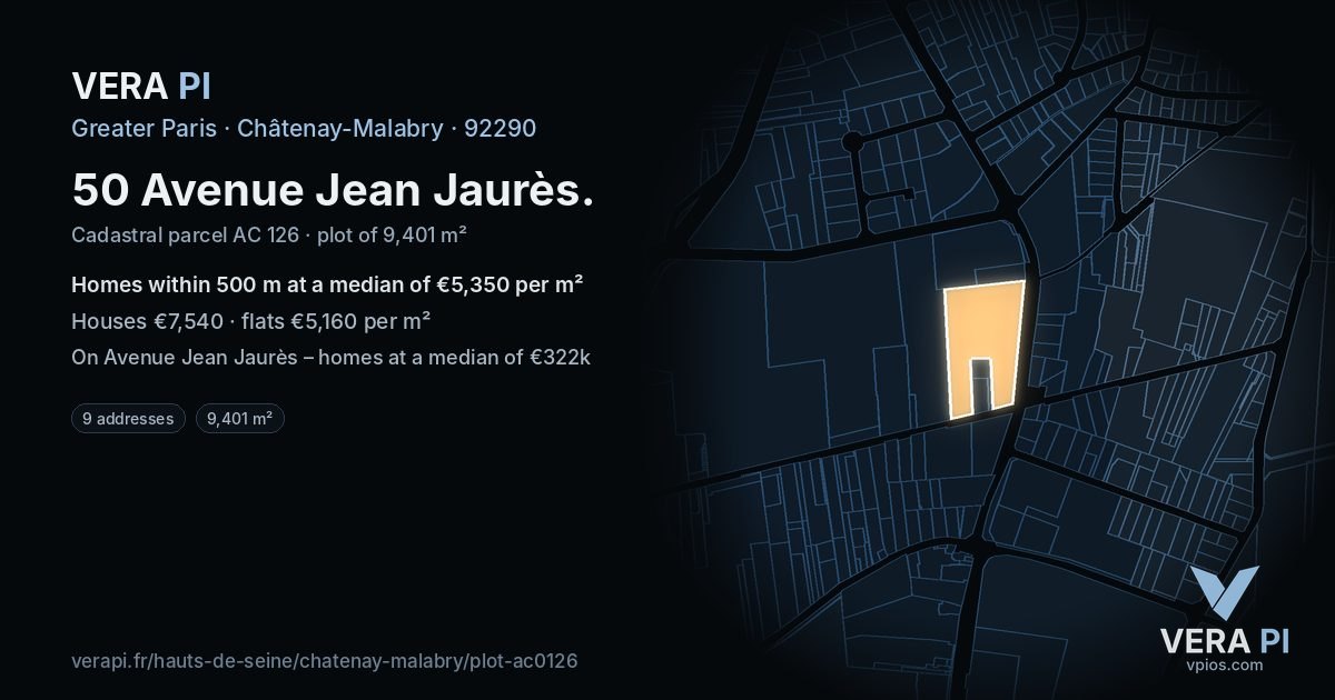 50 Avenue Jean Jaurès, Châtenay-Malabry at night – the plot lit, the parcels around coloured by the prices near them