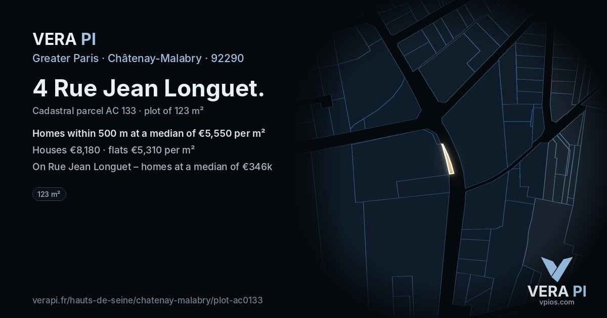 4 Rue Jean Longuet, Châtenay-Malabry at night – the plot lit, the parcels around coloured by the prices near them