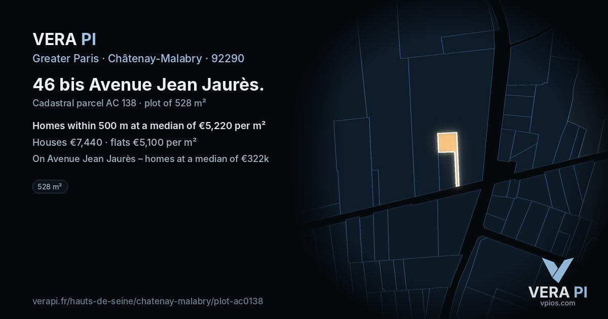 46 bis Avenue Jean Jaurès, Châtenay-Malabry at night – the plot lit, the parcels around coloured by the prices near them