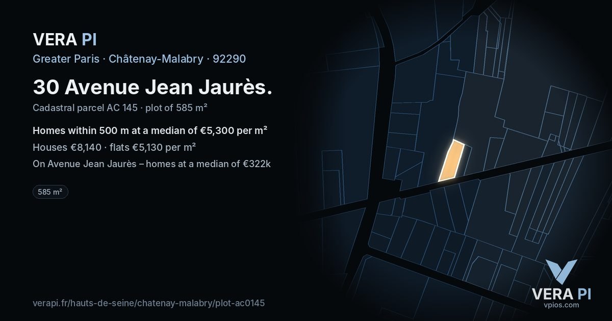 30 Avenue Jean Jaurès, Châtenay-Malabry at night – the plot lit, the parcels around coloured by the prices near them