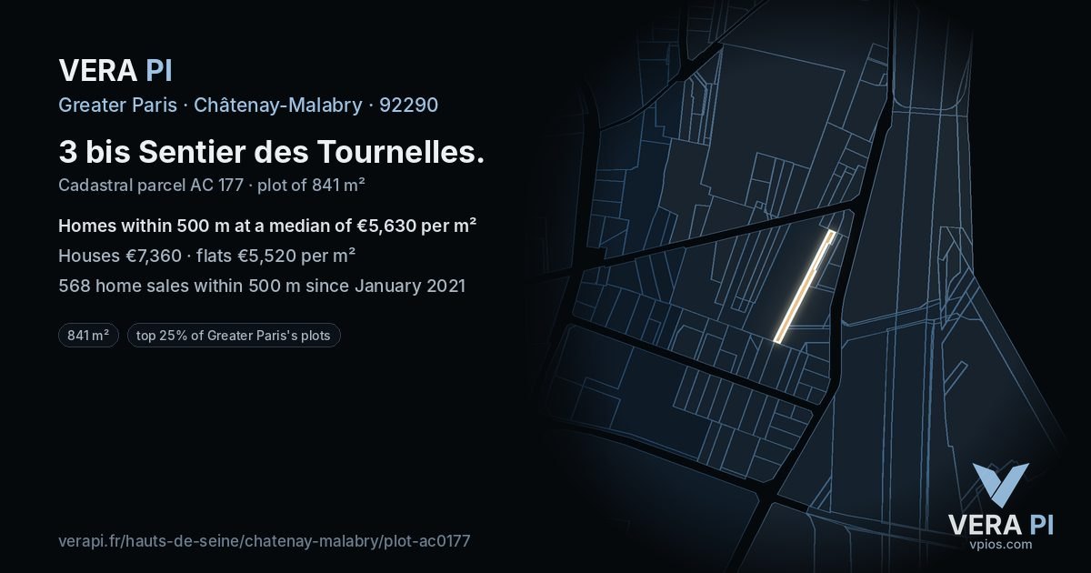 3 bis Sentier des Tournelles, Châtenay-Malabry at night – the plot lit, the parcels around coloured by the prices near them