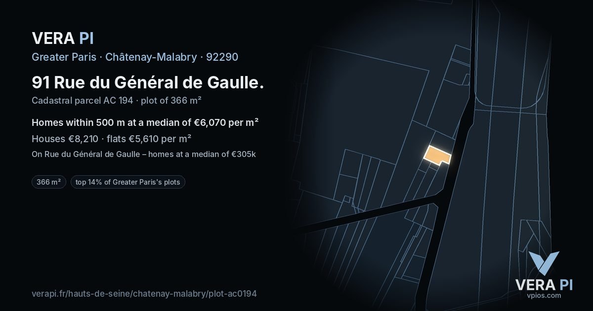 91 Rue du Général de Gaulle, Châtenay-Malabry at night – the plot lit, the parcels around coloured by the prices near them