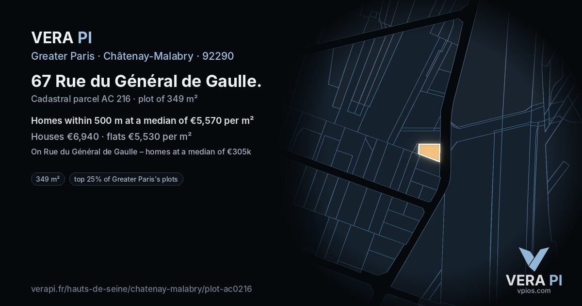 67 Rue du Général de Gaulle, Châtenay-Malabry at night – the plot lit, the parcels around coloured by the prices near them