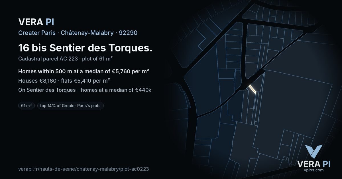16 bis Sentier des Torques, Châtenay-Malabry at night – the plot lit, the parcels around coloured by the prices near them