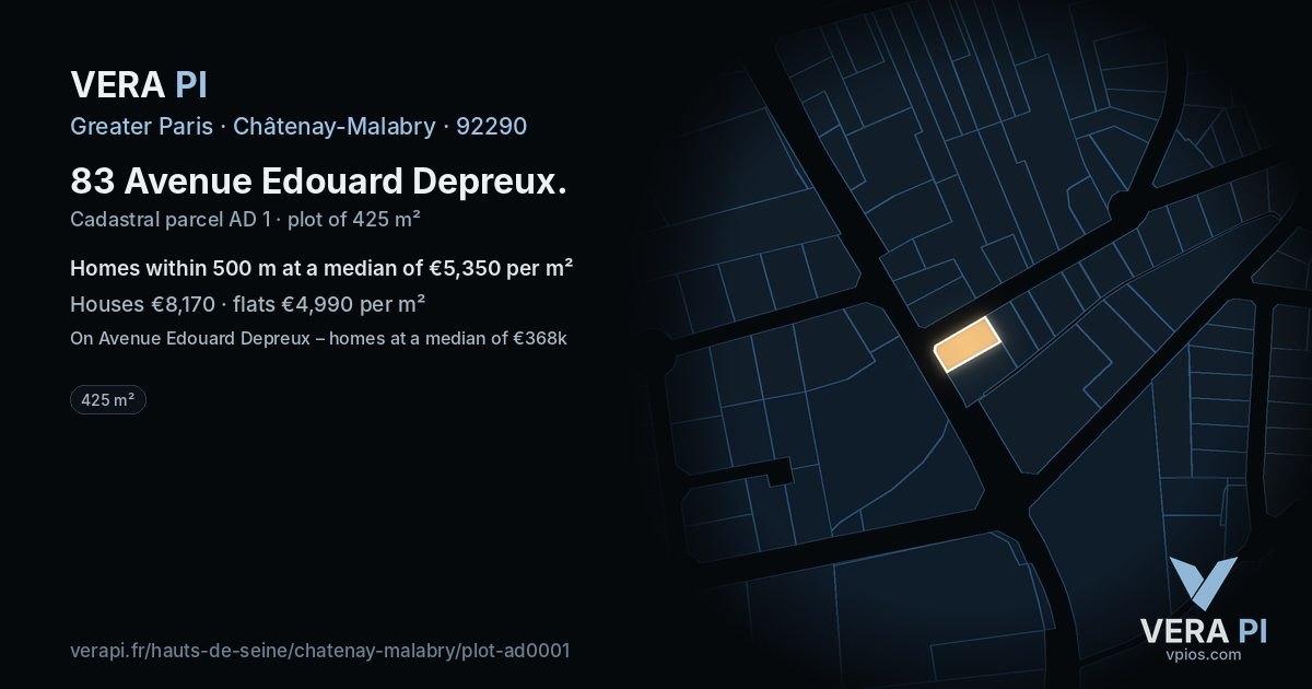 83 Avenue Edouard Depreux, Châtenay-Malabry at night – the plot lit, the parcels around coloured by the prices near them