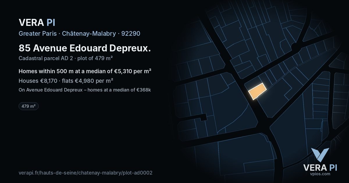 85 Avenue Edouard Depreux, Châtenay-Malabry at night – the plot lit, the parcels around coloured by the prices near them