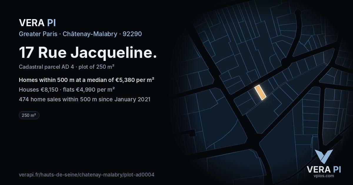 17 Rue Jacqueline, Châtenay-Malabry at night – the plot lit, the parcels around coloured by the prices near them