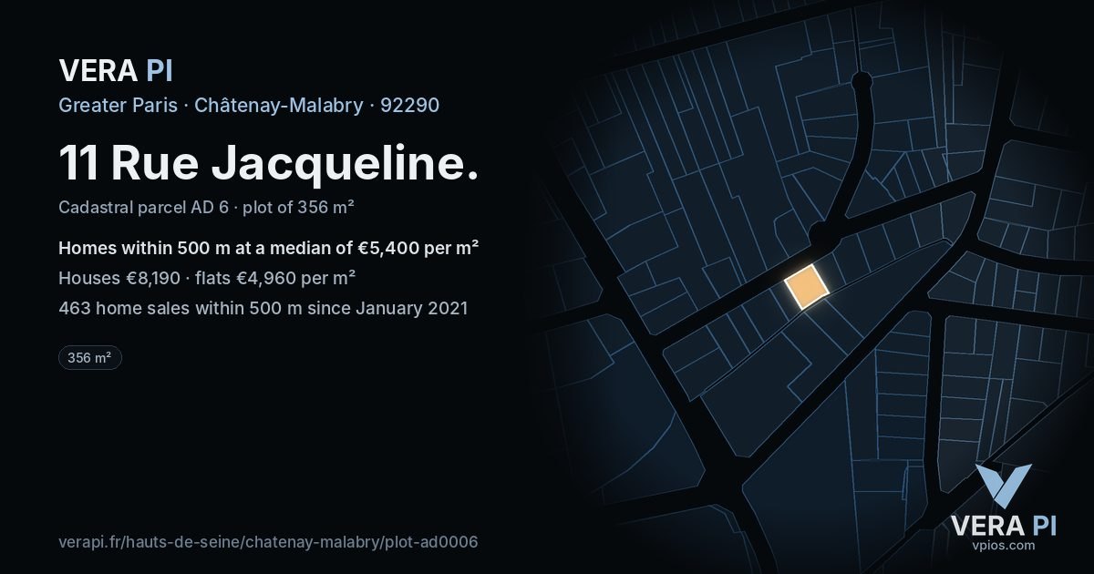 11 Rue Jacqueline, Châtenay-Malabry at night – the plot lit, the parcels around coloured by the prices near them