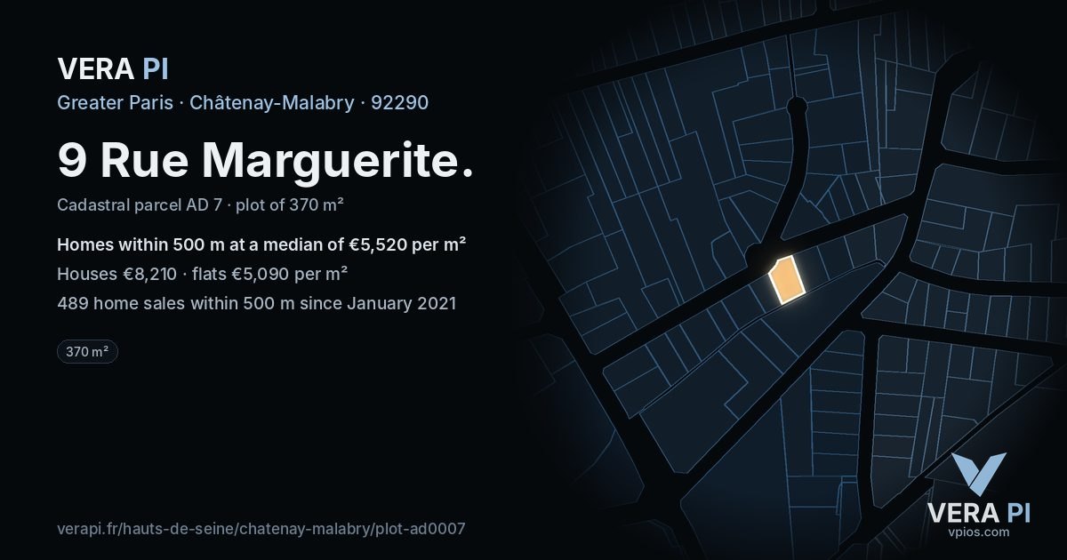 9 Rue Marguerite, Châtenay-Malabry at night – the plot lit, the parcels around coloured by the prices near them