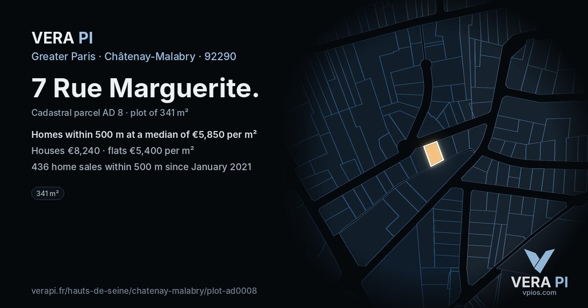 7 Rue Marguerite, Châtenay-Malabry at night – the plot lit, the parcels around coloured by the prices near them