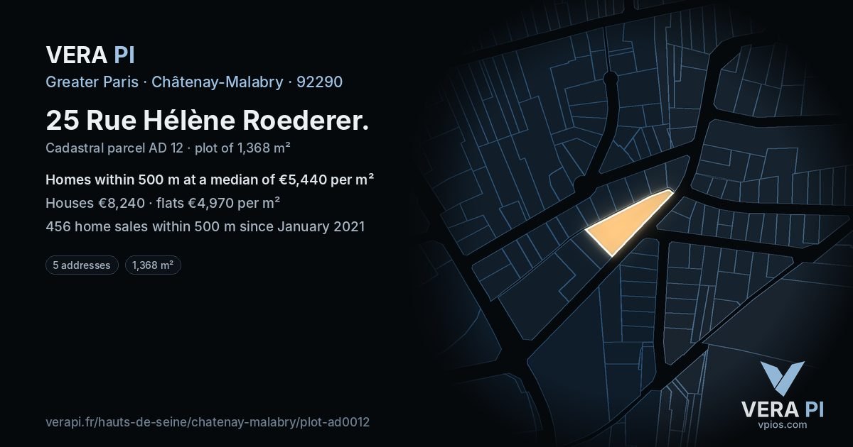 25 Rue Hélène Roederer, Châtenay-Malabry at night – the plot lit, the parcels around coloured by the prices near them