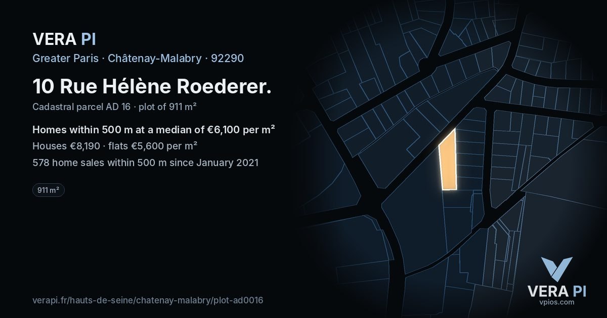 10 Rue Hélène Roederer, Châtenay-Malabry at night – the plot lit, the parcels around coloured by the prices near them