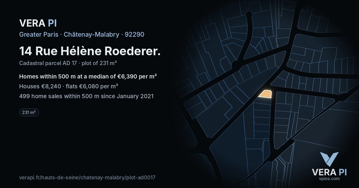 14 Rue Hélène Roederer, Châtenay-Malabry at night – the plot lit, the parcels around coloured by the prices near them