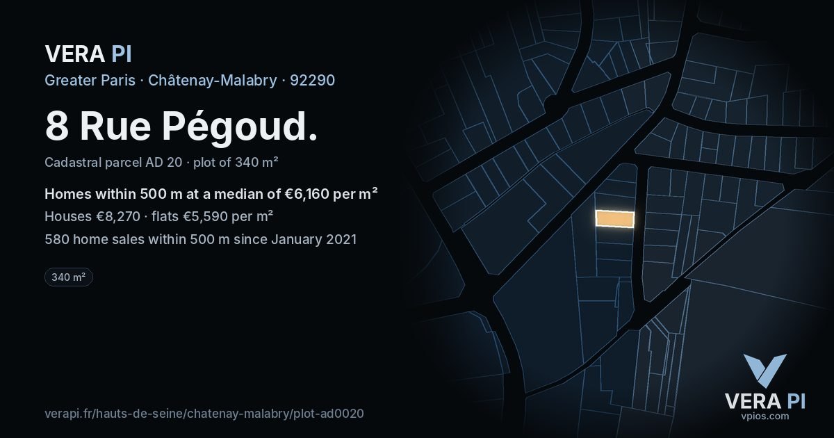 8 Rue Pégoud, Châtenay-Malabry at night – the plot lit, the parcels around coloured by the prices near them
