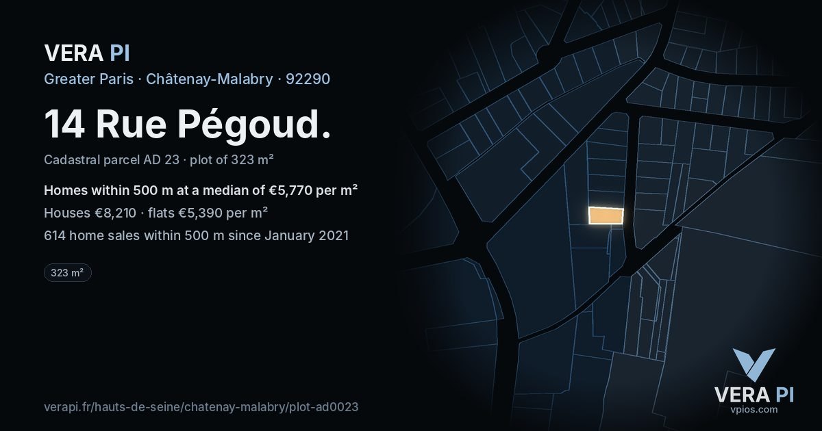 14 Rue Pégoud, Châtenay-Malabry at night – the plot lit, the parcels around coloured by the prices near them