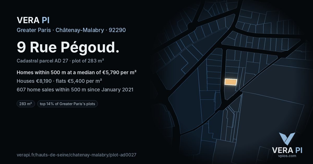 9 Rue Pégoud, Châtenay-Malabry at night – the plot lit, the parcels around coloured by the prices near them