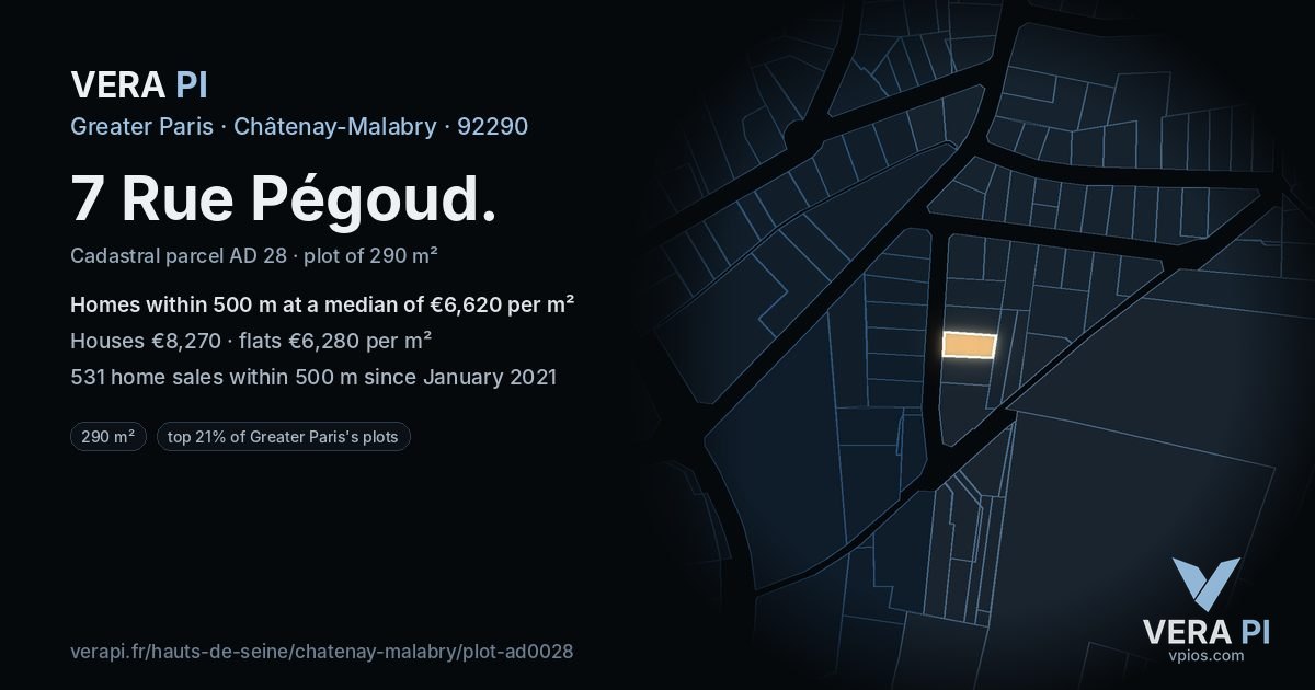 7 Rue Pégoud, Châtenay-Malabry at night – the plot lit, the parcels around coloured by the prices near them