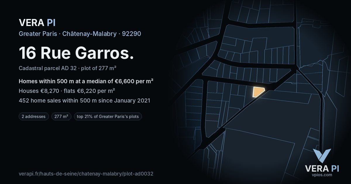 16 Rue Garros, Châtenay-Malabry at night – the plot lit, the parcels around coloured by the prices near them