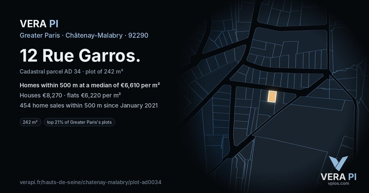 12 Rue Garros, Châtenay-Malabry at night – the plot lit, the parcels around coloured by the prices near them