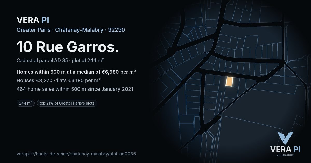 10 Rue Garros, Châtenay-Malabry at night – the plot lit, the parcels around coloured by the prices near them