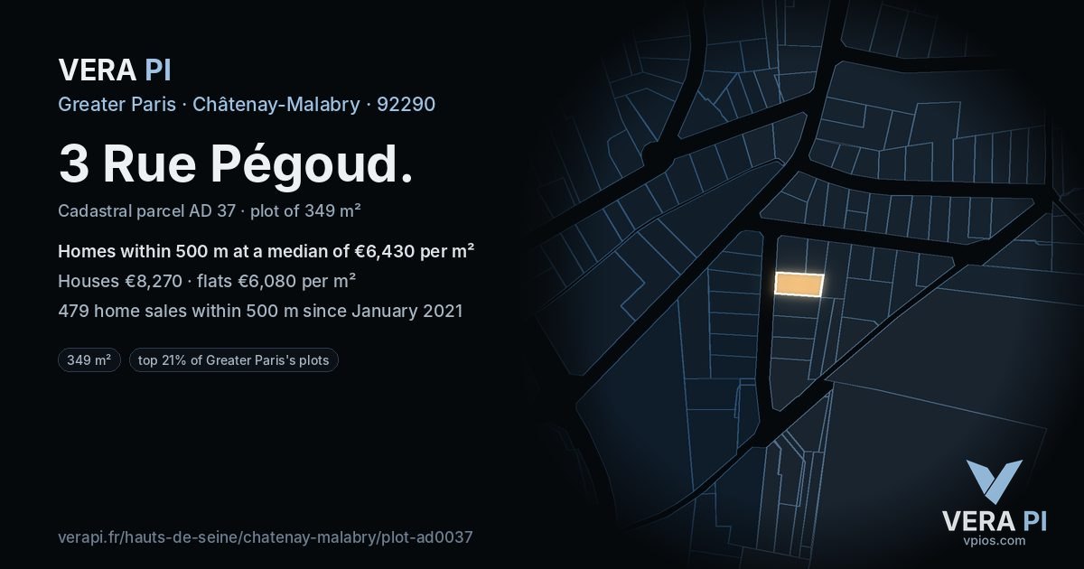 3 Rue Pégoud, Châtenay-Malabry at night – the plot lit, the parcels around coloured by the prices near them