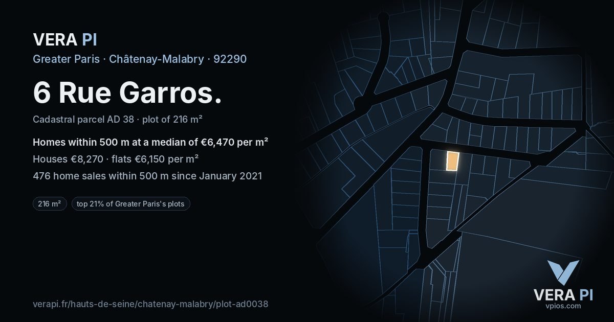 6 Rue Garros, Châtenay-Malabry at night – the plot lit, the parcels around coloured by the prices near them