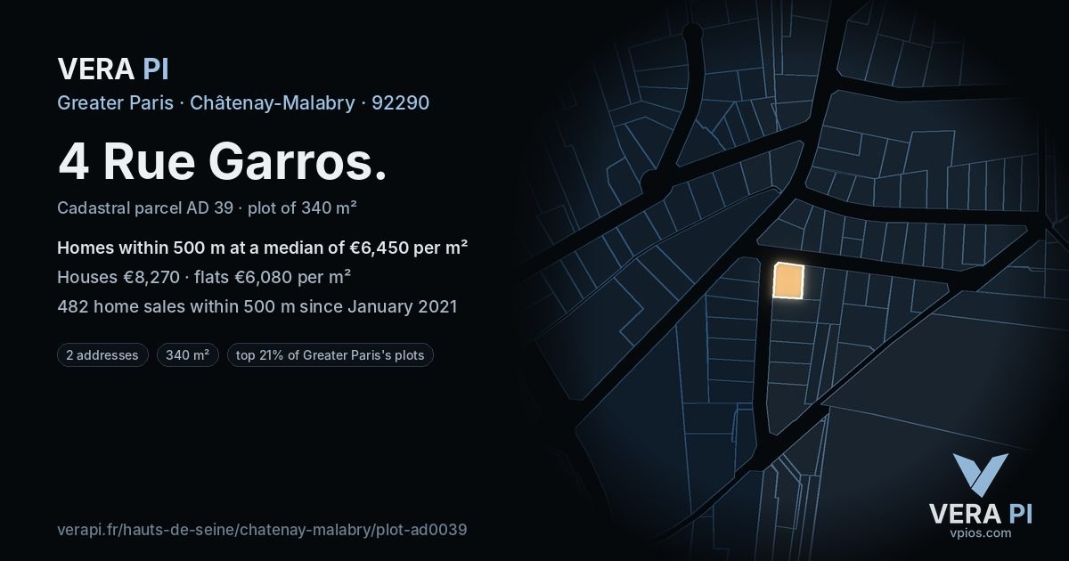 4 Rue Garros, Châtenay-Malabry at night – the plot lit, the parcels around coloured by the prices near them