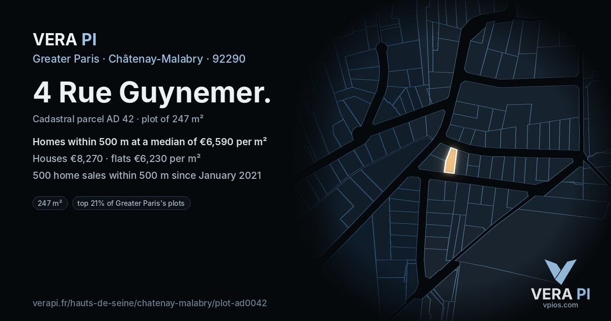 4 Rue Guynemer, Châtenay-Malabry at night – the plot lit, the parcels around coloured by the prices near them