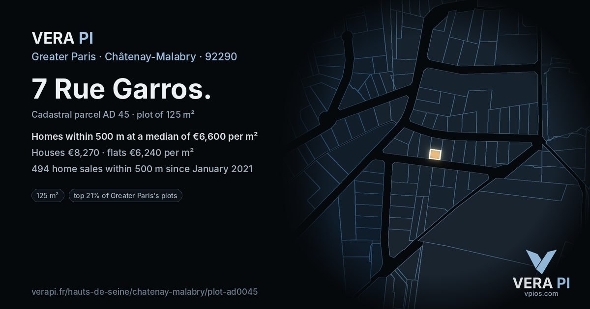 7 Rue Garros, Châtenay-Malabry at night – the plot lit, the parcels around coloured by the prices near them