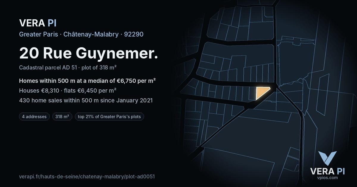 20 Rue Guynemer, Châtenay-Malabry at night – the plot lit, the parcels around coloured by the prices near them