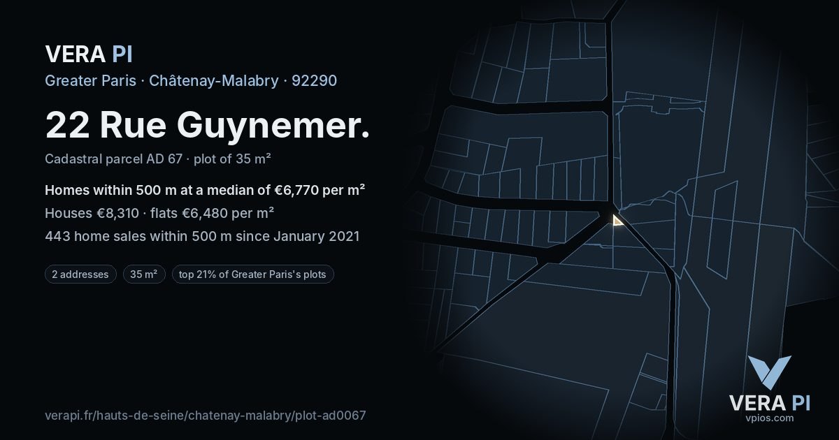 22 Rue Guynemer, Châtenay-Malabry at night – the plot lit, the parcels around coloured by the prices near them