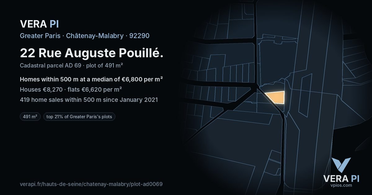 22 Rue Auguste Pouillé, Châtenay-Malabry at night – the plot lit, the parcels around coloured by the prices near them