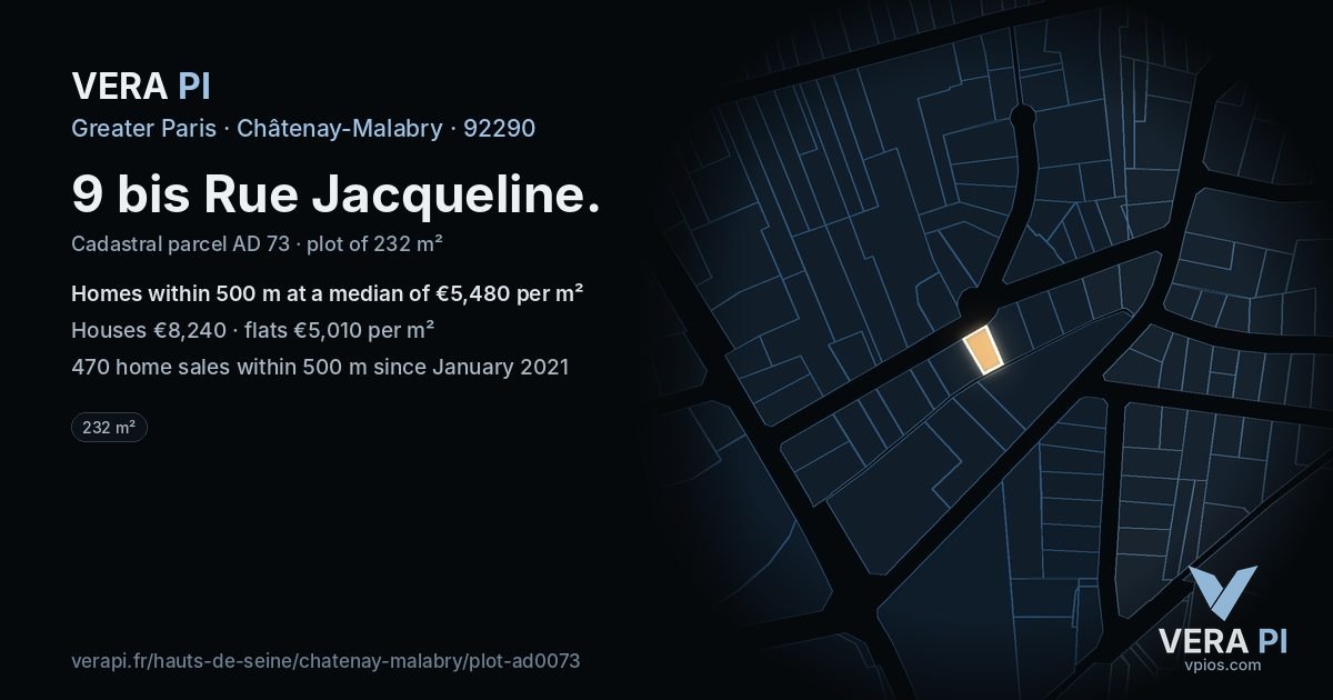 9 bis Rue Jacqueline, Châtenay-Malabry at night – the plot lit, the parcels around coloured by the prices near them