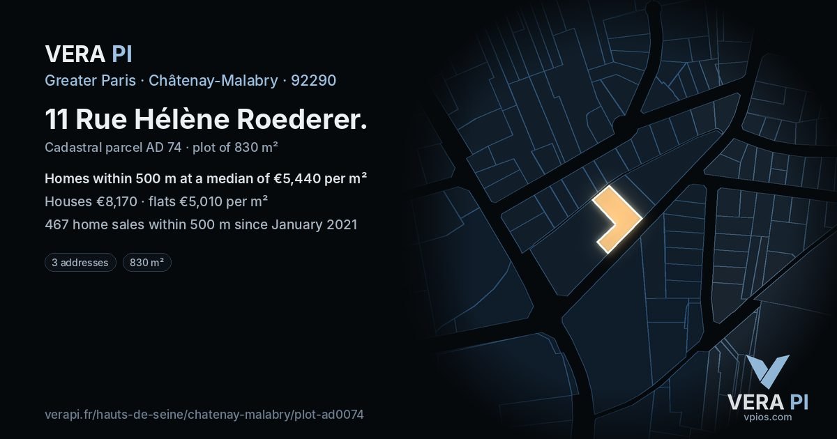11 Rue Hélène Roederer, Châtenay-Malabry at night – the plot lit, the parcels around coloured by the prices near them