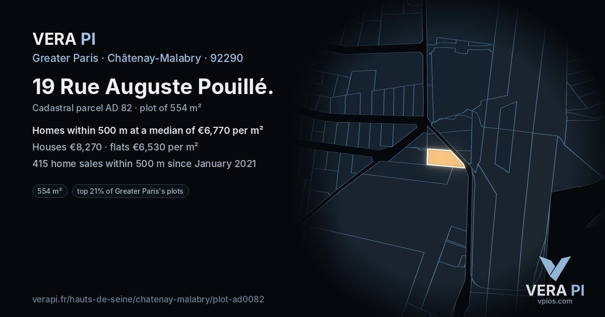 19 Rue Auguste Pouillé, Châtenay-Malabry at night – the plot lit, the parcels around coloured by the prices near them
