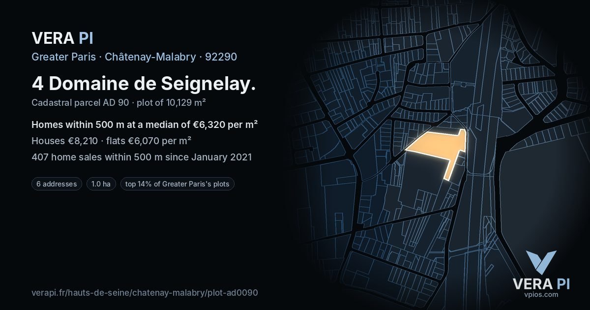 4 Domaine de Seignelay, Châtenay-Malabry at night – the plot lit, the parcels around coloured by the prices near them
