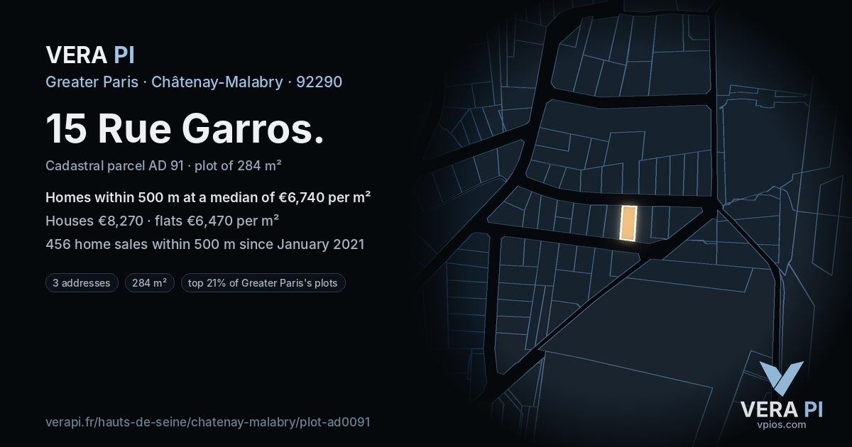 15 Rue Garros, Châtenay-Malabry at night – the plot lit, the parcels around coloured by the prices near them