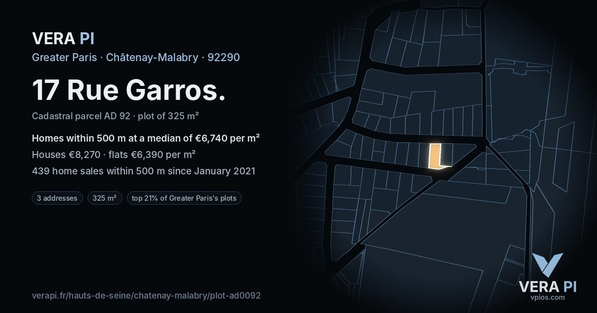 17 Rue Garros, Châtenay-Malabry at night – the plot lit, the parcels around coloured by the prices near them