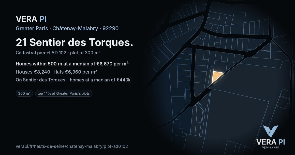 21 Sentier des Torques, Châtenay-Malabry at night – the plot lit, the parcels around coloured by the prices near them