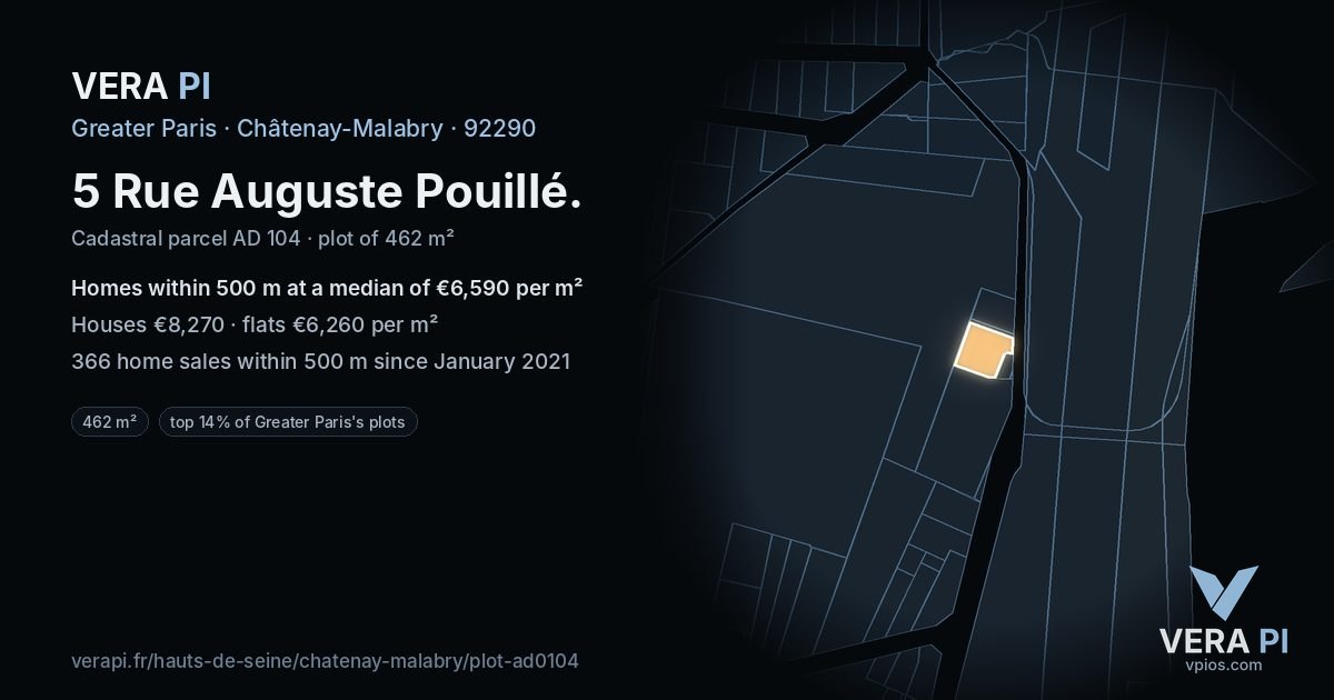 5 Rue Auguste Pouillé, Châtenay-Malabry at night – the plot lit, the parcels around coloured by the prices near them