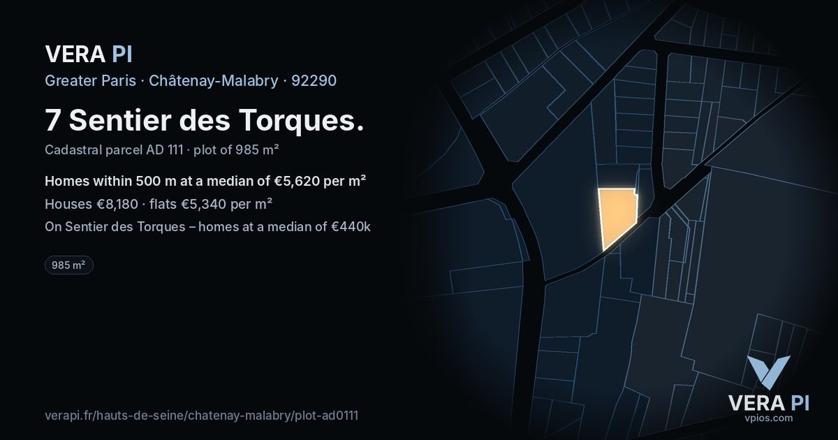 7 Sentier des Torques, Châtenay-Malabry at night – the plot lit, the parcels around coloured by the prices near them