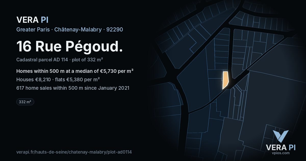 16 Rue Pégoud, Châtenay-Malabry at night – the plot lit, the parcels around coloured by the prices near them